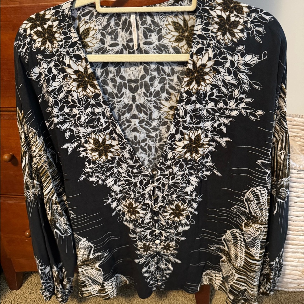 Free People Black and White Floral and Bird Blouse